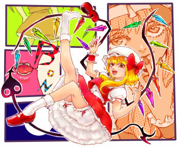 1girl ascot blonde_hair bloomers bow commentary_request crystal crystal_wings fangs flandre_scarlet frilled_skirt frills hat hat_bow highres konpasu looking_at_viewer mary_janes middle_finger mob_cap multicolored_wings one_side_up open_mouth puffy_short_sleeves puffy_sleeves red_bow red_eyes red_shoes red_skirt red_vest shirt shoes short_sleeves single_wrist_cuff skirt skirt_set smile socks touhou underwear vest white_hat white_shirt white_socks wings wrist_cuffs yellow_ascot