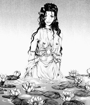 1girl bindi bracelet breasts choker female_focus flower greyscale jewelry kanzeon_bosatsu kazuya_minekura lily_(flower) lily_pad long_hair monochrome saiyuki see-through_clothes solo very_long_hair water water_lily_flower