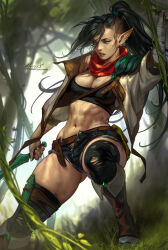 Rule 34 | 1girl, abs, aleriia v, artist name, bandaged arm, bandages, belt, black hair, black thighhighs, breasts, cleavage, earrings, forest, green eyes, highres, holding, holding weapon, jacket, jewelry, large breasts, lips, long hair, nature, navel, open clothes, open fly, open jacket, original, ponytail, scarf, shorts, solo, tank top, thighhighs, watermark, weapon, web address