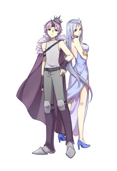 1boy 1girl absurdres arm_at_side belt black_gloves blue_dress blue_shoes boots breasts cape cleavage crossed_arms crown dress fingerless_gloves gen_1_pokemon gloves grey_shirt high_heels highres horns knee_pads light_frown looking_at_viewer medium_breasts nidoking nidoqueen nintendo personification pokemon purple_cape shirt shoes simple_background single_horn sleeveless sunuo_de_justwe_zidong_shou_huoji thumb_in_beltline tilted_headwear white_background