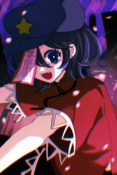 Rule 34 | 1girl, :d, black hair, black ribbon, bright pupils, commentary request, grey hat, hair between eyes, hat, hat ornament, highres, jiangshi, katsuragi atori, lace-trimmed sleeves, lace trim, long bangs, looking at viewer, miyako yoshika, neck ribbon, newsboy cap, ofuda, open mouth, outstretched arms, purple background, purple eyes, red shirt, ribbon, shirt, short hair, short sleeves, smile, solo, star (symbol), star hat ornament, teeth, touhou, upper body, upper teeth only, white pupils, zombie pose