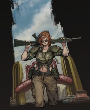 1girl abs american_flag american_flag_print ammunition_pouch arch assault_rifle bandana barrel battle_rifle belt blue_sky brown_hair bullet_necklace bulletproof_vest camouflage camouflage_shirt car cargo_pants cloud cloudy_sky fallout fallout_3 flag_print gun h&amp;k_g3 highres jewelry looking_at_viewer midriff motor_vehicle necklace over_shoulder pants penett pouch rifle shirt short_hair sky sleeves_rolled_up sunglasses toned weapon weapon_over_shoulder