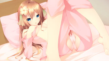 1girl barefoot bed bed_sheet blue_eyes blush breasts brown_hair cameltoe ciel_nosurge clothing_cutout covering_breasts covering_privates crotch_cutout female_focus flower gust hair_flower hair_ornament highres ionasal_kkll_preciel long_hair looking_at_viewer lying open_clothes open_mouth open_shirt pajamas panties pillow shirt shokuyou_mogura solo surge_concerto underwear