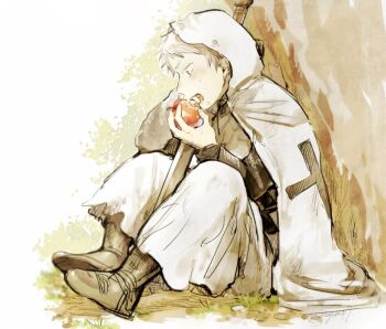 1boy aged_down apple armored_boots axis_powers_hetalia black_shirt blush boots cape child commentary_request cross cross_print eating food fruit full_body grass grey_armor grey_hair hands_up holding holding_food holding_fruit hood hooded_cape long_sleeves looking_at_food looking_down male_focus open_mouth over_shoulder prussia_(hetalia) purple_eyes robe shirt short_hair simple_background sitting solo sword tatumin13 tree weapon weapon_over_shoulder white_background white_cape white_robe