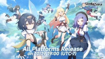 Rule 34 | 6+girls, :d, ahoge, amber (stella sora), bare shoulders, black gloves, black hair, black leotard, black pantyhose, blonde hair, blue dress, blue eyes, blue hair, blue jacket, blue skirt, braid, breasts, buttons, cleavage, collared shirt, commentary, crown braid, donna (stella sora), double-breasted, dress, english commentary, english text, freesia (stella sora), frilled skirt, frills, gloves, gradient hair, grey skirt, high-waist skirt, iris (stella sora), jacket, large breasts, leotard, long hair, long sleeves, looking at viewer, miniskirt, mistique (stella sora), multicolored hair, multiple girls, necktie, noya (stella sora), official art, open clothes, open jacket, open mouth, orange hair, pantyhose, pink eyes, pinstripe dress, pinstripe pattern, pleated skirt, purple hair, red dress, red eyes, red necktie, red shirt, shirt, side ponytail, sideless dress, skirt, smile, stella sora, teresa (stella sora), twintails, very long hair, white pantyhose, white shirt, white skirt, yellow eyes