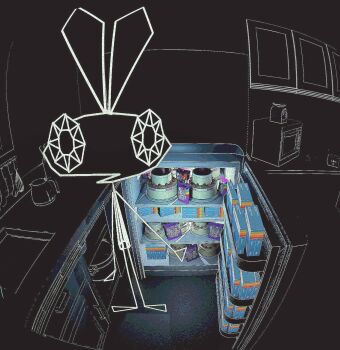 1girl animal_ears cabinet cake coffee_pot commentary dark dress english_commentary food highres indoors kitchen microwave p.carredo rabbit_ears refrigerator solo standing vib-ribbon vibri_(vib-ribbon) wireframe