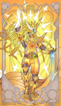 Rule 34 | 1boy, armor, belt, black bodysuit, bodysuit, cape, card, card (medium), english text, full armor, full body, gamer driver, giganticbrush, gold armor, helmet, highres, hyper muteki gashat, kamen rider, kamen rider ex-aid, kamen rider ex-aid (hyper muteki), kamen rider ex-aid (series), male focus, maximum mighty x gashat, multicolored eyes, pauldrons, rainbow eyes, rider belt, rider gashat, shoulder armor, solo, sparkle, standing, star (symbol), tarot, tarot (medium), tarot card, the star (tarot), tokusatsu