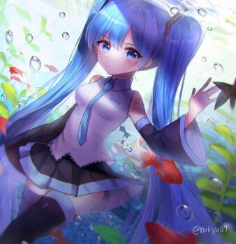 1girl air_bubble black_skirt black_thighhighs blue_eyes blue_hair blue_necktie bubble closed_mouth commentary_request detached_sleeves fish goldfish hair_between_eyes hatsune_miku highres long_hair momomo_(momomo0712) necktie number_tattoo pleated_skirt shirt shoulder_tattoo skirt solo tattoo thighhighs twintails twitter_username underwater vocaloid white_shirt