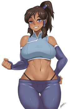 1girl absurdres artist_name avatar_legends bare_shoulders black_panties blue_eyes blue_pants blue_shirt blue_sleeves blush breasts brown_hair clenched_hand cowboy_shot cropped_shirt dark-skinned_female dark_skin detached_sleeves eyebrows female_focus grin hand_on_own_hip hand_up highleg highleg_panties highres korra large_breasts long_hair looking_at_viewer morris1611 muscular muscular_female navel panties pants ponytail shirt simple_background sleeveless sleeveless_shirt sleeves_past_wrists smile solo standing teeth the_legend_of_korra thigh_gap underwear white_background