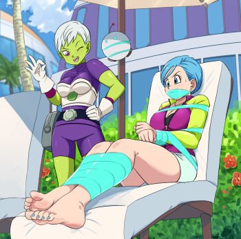 2girls absurdres barefoot bdsm black_bra blue_eyes blue_hair blush bondage bound bound_arms bound_legs bound_wrists bra breasts bulma cheelai cleavage colored_skin dragon_ball dragon_ball_super dragon_ball_super_broly gag gagged green_skin grey_hair hand_on_own_hip highres improvised_gag jacket jewelry large_breasts legs lost_one_zero matching_hair/eyes mature_female medium_breasts multiple_girls nail_polish necklace one_eye_closed open_clothes open_jacket purple_eyes shorts sweat tape tape_gag thighs toenail_polish toenails underwear white_shorts wink
