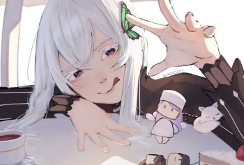 1boy 2girls anastasia_hoshin black_capelet black_dress black_hair bug butterfly butterfly_hair_ornament cake cake_slice capelet character_figure closed_mouth colored_eyelashes commentary cup dress echidna_(re:zero) english_commentary food fox fur_hat green_butterfly hair_between_eyes hair_ornament hair_slicked_back hat highres insect jacket long_hair long_sleeves looking_at_object mercaxy multiple_girls natsuki_subaru papakha purple_eyes purple_hair re:zero_kara_hajimeru_isekai_seikatsu sleeping smile star_(symbol) star_hair_ornament striped_clothes striped_dress teacup tongue tongue_out toy track_jacket track_suit twitter_username upper_body vertical-striped_clothes vertical-striped_dress white_background white_eyelashes white_hair