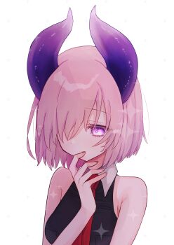 Rule 34 | 1girl, absurdres, bare arms, black shirt, closed mouth, commentary request, demon horns, fate/grand order, fate (series), finger to mouth, hair over one eye, hand up, harukappa, highres, horns, looking down, mash kyrielight, necktie, pink hair, purple eyes, purple horns, red necktie, shirt, sleeveless, sleeveless shirt, star (symbol), upper body, wing collar