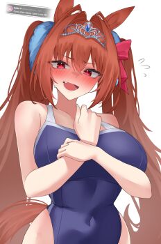 1girl absurdres animal_ears antenna_hair bare_arms blue_one-piece_swimsuit blush bow breasts brown_hair commentary covered_navel daiwa_scarlet_(umamusume) fang flying_sweatdrops hair_between_eyes hair_bow hair_intakes hair_ornament highres holding_own_wrist horse_ears horse_girl horse_tail large_breasts long_hair looking_at_viewer nose_blush one-piece_swimsuit open_mouth red_bow red_eyes simple_background solo sweat swimsuit symbol-only_commentary tail tiara twintails umamusume v-shaped_eyebrows very_long_hair white_background xkittyzx