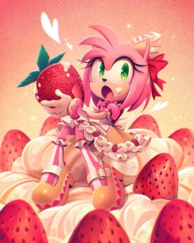 1girl alternate_costume amy_rose commentary dress english_commentary food fruit furry furry_female gloves green_eyes heart highres holding holding_food itsalezzia multicolored_thighhighs open_mouth pink_fur pink_thighhighs puffy_short_sleeves puffy_sleeves short_sleeves solo sonic_(series) strawberry striped_clothes striped_thighhighs thighhighs two-tone_thighhighs white_gloves white_thighhighs