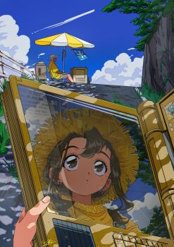 1boy 1girl backpack bag beach_umbrella brown_eyes brown_hair cloud computer_keyboard earrings gps guard_rail hair_between_eyes hat highres holding holding_map jewelry map nature old old_man original outdoors road screen search_bar shooting_star straw_hat summer umbrella vending_cart yo-co