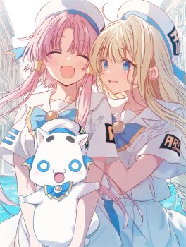 2girls :d alicia_florence animal aria_(manga) aria_company_uniform aria_pokoteng blonde_hair blue_bow blue_bowtie blue_eyes blush bow bowtie cat closed_eyes cutlass_(classic_chocolate) day dress facing_viewer hair_ornament hat highres holding holding_animal holding_cat long_hair mizunashi_akari multiple_girls open_mouth outdoors parted_bangs pink_hair sailor_collar sailor_dress sailor_hat short_hair_with_long_locks short_sleeves smile white_dress white_hat white_sailor_collar