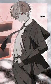 Rule 34 | 1boy, absurdres, belt, closed mouth, collared shirt, commentary request, crt, formal clothes, frown, hands in pockets, highres, jacket, lapels, long sleeves, looking at viewer, male focus, multicolored hair, natsukusa (hacho129), necktie, notched lapels, open clothes, open jacket, pants, parted bangs, project sekai, red eyes, shinonome akito, shirt, sleeve cuffs, solo, standing, streaked hair, suit, suit jacket, wing collar