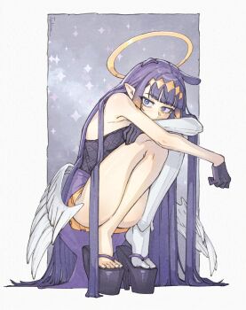 1girl black_dress black_gloves blue_eyes diamond_hairband dress feet gloves gradient_hair hairband halo highres hololive hololive_english igalimax long_hair looking_at_viewer low_wings multicolored_hair ninomae_ina&#039;nis ninomae_ina&#039;nis_(1st_costume) orange_hair platform_clogs platform_sandals purple_hair sandals single_thighhigh solo squatting strapless strapless_dress tentacle_hair thighhighs toes tube_dress very_long_hair virtual_youtuber white_thighhighs white_wings wings yellow_hairband yellow_halo