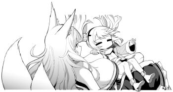 2girls animal_ear_fluff animal_ears azur_lane azur_lane:_slow_ahead breasts cleavage closed_eyes cupping_hand fake_animal_ears falling fox_ears fox_girl fox_tail greyscale hori_(hori_no_su) huge_breasts japanese_clothes kimono laffey_(azur_lane) low_neckline monochrome multiple_girls multiple_tails official_art outstretched_arms rabbit_ears shinano_(azur_lane) sidelocks sleeping tail twintails zzz