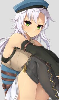 1girl bare_shoulders beret blue_hat breasts closed_mouth commentary_request detached_sleeves eiyuu_densetsu fie_claussell green_eyes grey_background hair_between_eyes hat highres kuro_no_kiseki_(series) kuro_no_kiseki_i large_breasts long_hair looking_at_viewer nu_bo_bo_o parted_bangs simple_background sitting skirt solo white_hair white_skirt