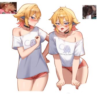 1boy absurdres animal_ears black_choker blonde_hair blue_eyes blush choker clenched_hand collarbone commentary cowboy_shot cropped_legs derivative_work english_commentary hair_between_eyes hair_intakes highres indie_virtual_youtuber leaning_forward maviss_03 medium_hair mouse_(animal) multiple_views off_shoulder open_mouth photo-referenced photo_inset reference_inset scar scar_on_face shiyorua_(vtuber) simple_background tongue tongue_out trap tsurime v-shaped_eyebrows virtual_youtuber white_background