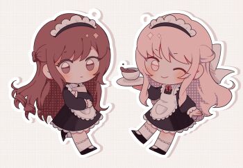 1girl 1other akiyama_mizuki alternate_costume alternate_hair_length alternate_hairstyle apron arm_at_side black_dress black_hairband black_shoes blush bow bowtie braid brown_background brown_eyes brown_hair chibi chibi_only closed_mouth commentary cup dress drop_shadow enmaided floating frilled_apron frilled_dress frilled_hairband frilled_sleeves frilled_socks frills grey_apron grey_bow grey_socks grid_background hair_bow hairband half_up_braid hand_up highres holding holding_menu holding_plate kyline liquid long_hair long_sidelocks long_sleeves maid maid_apron maid_headdress menu no_sclera one_eye_closed outline pink_bow pink_bowtie pink_eyes pink_hair plate pocket project_sekai shinonome_ena shoes sidelocks smile socks swept_bangs very_long_hair walking white_outline