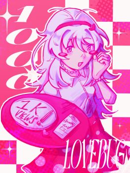 1girl blush_stickers checkered_background commentary english_commentary frankenhyde grey_hair highres jewelry lovebug_(utau) necklace pearl_necklace polka_dot polka_dot_skirt red_eyes shirt skirt smile sukone_tei thank_you utau waitress white_shirt