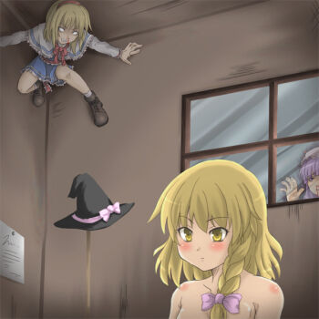 3girls alice_margatroid bad_id bad_pixiv_id blonde_hair blood blush breasts ceiling female_focus female_pervert the_grudge kirisame_marisa medium_breasts mochi.f multiple_girls nosebleed parody patchouli_knowledge pervert role_reversal stalking the_grudge touhou voyeurism window you_gonna_get_raped