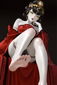 1girl bare_legs bare_shoulders barefoot black_bow black_hair bow breasts collarbone colored_skin convenient_leg demon_girl dress earrings eyelashes feet foot_focus foot_out_of_frame foot_up gold_earrings hair_ornament hair_rings highres jewelry knees_together_feet_apart legs looking_at_viewer megami_tensei mikan_zakuro nail_polish nuwa_(megami_tensei) red_dress red_lips shin_megami_tensei shin_megami_tensei_v simple_background sitting small_breasts soles solo toenail_polish toenails toes white_skin wide_sleeves yellow_eyes