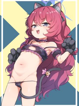 1girl animal_ear_fluff animal_ears animal_hands arms_up bare_shoulders bell belly black_bra black_gloves black_panties blue_archive blush bow bra breasts cat_cutout cat_ears cat_lingerie cat_paws cat_tail choker cleavage_cutout clothing_cutout collarbone cosplay female_focus frilled_bra frilled_choker frills gloves grey_eyes groin halo highres iroha_(blue_archive) konnyaku_(kk-monmon) loli long_hair looking_at_viewer lowleg lowleg_panties midriff navel onii-chan_wa_oshimai! open_mouth oyama_mahiro oyama_mahiro_(cosplay) panties panty_pull paw_pose pink_bow pink_ribbon red_hair ribbon small_breasts solo strap_slip striped_clothes striped_panties tail tail_bell tail_bow tail_ornament underwear