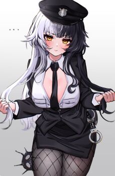 Rule 34 | ..., 1girl, absurdres, alternate costume, black hair, black hat, black jacket, black necktie, black pantyhose, black skirt, breast pocket, breasts, closed mouth, collared shirt, commentary, cowboy shot, cuffs, dress shirt, fishnet pantyhose, fishnets, grey background, grey hair, handcuffs, hat, highres, holding, holding own hair, hololive, hololive english, jacket, ketari, large breasts, legs together, long hair, long sleeves, looking at viewer, multicolored hair, necktie, open clothes, open shirt, pantyhose, pencil skirt, pocket, police, police hat, police uniform, policewoman, shiori novella, shirt, simple background, skirt, small sweatdrop, solo, split-color hair, standing, twitter username, two-tone hair, very long hair, virtual youtuber, white shirt, yellow eyes, yorick (shiori novella)