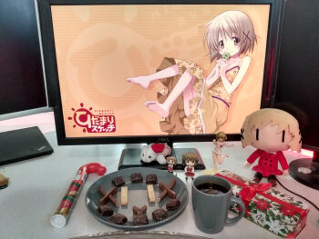 Rule 34 | 00s, 1girl, 2d dating, :d, artist request, asymmetrical bangs, barefoot, bear, bikini, black neckwear, blonde hair, blush, bow, box, brown hair, candy, candy cane, chibi, chocolate, clover, coat, collarbone, commentary, contrapposto, cup, dell, dress, dust, feet, food, four-leaf clover, gift, gift box, gift wrapping, hair ornament, hands on own chest, hands together, hidamari sketch, highres, hot chocolate, japanese text, leaning to the side, leg up, looking at viewer, monitor, mug, multiple views, nendoroid, open mouth, overcoat, photo (medium), pink bikini, plate, pleated skirt, polar bear, red bow, red skirt, school uniform, skirt, smile, soles, solid circle eyes, source request, stuffed animal, stuffed toy, swimsuit, thinkpad, x hair ornament, yellow dress, yuno (hidamari sketch)