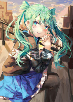 Rule 34 | 1girl, absurdres, aqua eyes, aqua hair, black jacket, black pantyhose, blue hair, blue skirt, blush, commentary request, earrings, green hair, hatsune miku, highres, hood, hooded jacket, interlocked fingers, jacket, jewelry, long hair, long sleeves, looking at viewer, pantyhose, parted lips, project sekai, sitting, sitting on stairs, skirt, smile, solo, stairs, twintails, vivid bad squad miku, vocaloid, yoru usagi