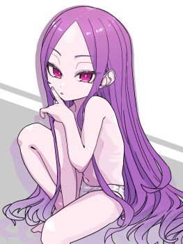 1girl barefoot breasts fate/grand_order fate_(series) finger_to_mouth forehead highres index_finger_raised kneeling loli long_hair looking_at_viewer niwaikanai panties parted_bangs purple_eyes purple_hair shushing sidelocks small_breasts solo topless_female underwear very_long_hair wu_zetian_(fate)