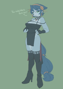 absurdres breasts china_dress chinese_clothes dialogue_box dress english_text fox furry furry_female high_heels highres krystal nintendo no_panties self-upload spy_x_family star_fox thighhighs yor_briar yunlongchen