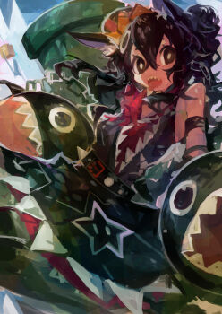 1girl ?_block absurdres animal_ear_fluff animal_ears black_dress black_eyes black_hair black_pantyhose breasts chain_chomp commentary dress hair_bun highres kaamin_(mariarose753) long_hair looking_at_viewer mario_(series) nintendo open_mouth pantyhose princess_chain_chomp sharp_teeth sleeveless sleeveless_dress star_(symbol) super_crown teeth tongue tongue_out warp_pipe