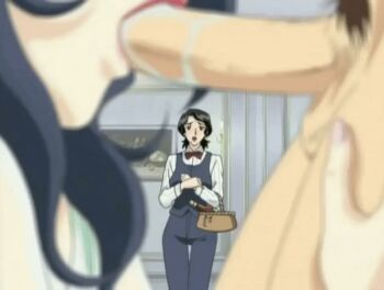 00s 2004 2girls animated animated_gif basket black_hair blue_hair bow bowtie clothed_female_nude_male drinking fellatio hana_no_joshi_ana:_newscaster_etsuko lipstick long_hair lowres makeup matsuura_(hana_no_joshi_ana) multiple_girls nude oral penis pubic_hair standing swallowing tagme uncensored waitress watching yamanobe_etsuko