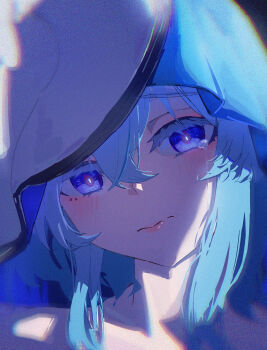 1girl 37sanshiqi absurdres blue_hair blue_veil chinese_commentary chromatic_aberration closed_mouth colored_eyelashes commentary_request film_grain hair_between_eyes heavy_film_grain highres long_hair looking_at_viewer portrait purple_eyes shorekeeper_(wuthering_waves) solo tearing_up two-tone_veil veil white_veil wuthering_waves