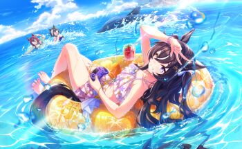 3girls ahoge animal_ears armpits bad_link bikini black_hair blush breasts cheval_grand_(summer_calm_navy_drop)_(umamusume) cheval_grand_(umamusume) collarbone controller fingernails food hair_between_eyes hair_ornament highres horse_ears horse_girl horse_tail innertube lens_flare long_hair looking_at_viewer medium_breasts multiple_girls ocean official_alternate_costume official_alternate_hairstyle official_art remote_control robot scared sky swim_ring swimsuit tail umamusume v vivlos_(eclat_d'ete)_(umamusume) vivlos_(umamusume) water wet win_variation_(principal_on_the_water_surface)_(umamusume) win_variation_(umamusume)