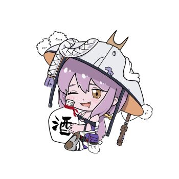 alcohol armor blush brown_eyes chibi drunk full_body goddess_of_victory:_nikke grey_hair hat highres himononeko japanese_armor jingasa large_hat leotard long_hair one_eye_closed sake scarlet_(nikke) shoulder_armor sitting sode white_leotard