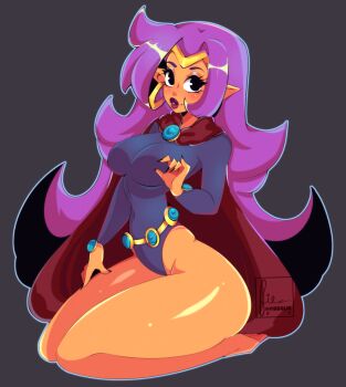 1girl barefoot belt black_background black_eyes black_leotard black_nails blue_gemstone blush breasts cape cartoon_network cosplay cresscin crossover dark_skin dc_comics earrings gem gold_belt highres jewelry large_breasts leotard long_hair long_sleeves looking_at_viewer parted_lips pointy_ears purple_hair raven_(dc) raven_(dc)_(cosplay) red_cape red_lips shantae shantae_(series) sitting smile superhero_costume teen_titans teeth thick_thighs thighs tiara wayforward wide_hips