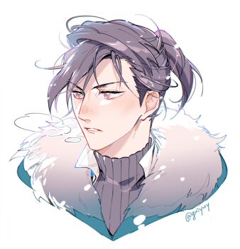 1boy black_hair black_shirt blue_jacket breath commentary cropped_shoulders english_commentary felix_hugo_fraldarius felix_hugo_fraldarius_(timeskip) fire_emblem fire_emblem:_three_houses fur_trim jacket katsura_(guiyuy) looking_to_the_side male_focus nintendo orange_eyes parted_lips ponytail shirt sideburns sideways_glance simple_background snowing solo teeth turtleneck twitter_username white_background white_fur