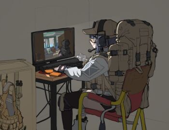 1girl assault_rifle backpack bag baseball_cap bipod black_shorts bulletproof_vest cable chair computer computer_keyboard escape_from_tarkov fingerless_gloves folding_chair gloves gugyun_(gugyun_00) gun hat headset jacket monitor on_chair playing_games purple_hair rifle safety_glasses shorts smile solo weapon