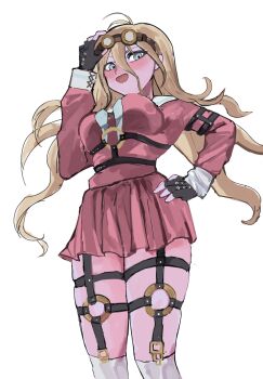 1girl a-ru_(r_dngn) antenna_hair black_gloves blonde_hair blush breasts choker danganronpa_(series) danganronpa_v3:_killing_harmony feet_out_of_frame fingerless_gloves gloves goggles goggles_on_head grey_eyes hair_between_eyes highres iruma_miu large_breasts long_hair long_sleeves o-ring open_mouth shirt skirt smile solo