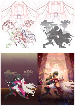 absurdres ahoge backless_dress backless_outfit bandaged_arm bandaged_hand bandages black_gloves black_hair black_jacket black_pants black_shoes bow bowtie brant_(wuthering_waves) carlotta_(wuthering_waves) d0h0nai dancer dancing dress flower gloves hair_flower hair_ornament hand_on_another&#039;s_back headband high_heels highres holding holding_sword holding_weapon jacket light_smile long_hair looking_at_viewer making-of male_rover_(wuthering_waves) open_mouth pangu_terminal_(wuthering_waves) pants pink_bow pink_bowtie pink_eyes roccia_(wuthering_waves) rover_(wuthering_waves) shoes smile stage stage_lights sword weapon white_hair wuthering_waves yellow_eyes