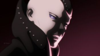 1boy boruto:_two_blue_vortex comic_panel_redraw commentary_request derivative_work highres jura_(boruto) male_focus mohawk naruto_(series) portrait purple_eyes ringed_eyes rinnegan shaded_face solo spanish_commentary twitter_username yokigeru