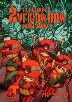 2boys 2girls adjusting_clothes adjusting_headwear blue_eyes closed_mouth fist_in_hand gloves green_gloves hard_hat helmet high-visibility_clothing high-visibility_vest highres inkling_boy inkling_girl inkling_player_character kuroki_shigewo multiple_boys multiple_girls nintendo octoling_boy octoling_girl octoling_player_character pink_eyes red_eyes rubber_gloves salmon_run_(splatoon) salmonid splatoon_(series) splatoon_3 translation_request yellow_eyes