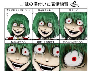 1girl ? blood chama_(painter) crazy crazy_smile creepy crying crying_with_eyes_open multiple_expressions fang fangs female_focus green_hair horror_(theme) hurt_expressions_of_your_wife_practice kazami_yuuka multiple_drawing_challenge open_mouth red_eyes short_hair smile tears touhou translated veins yandere