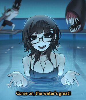 1girl absurdres bikini black-framed_eyewear black_bikini black_choker black_eyes black_hair breasts chainsaw_man choker cleavage commentary cross cross_necklace ear_piercing english_commentary english_text fantasy_(dye) glasses hair_ornament hairclip hands_up highres i'll_teach_you_everything_(chainsaw_man) imminent_attack indoors jewelry looking_at_viewer medium_hair mikuneki monster necklace open_mouth original parallel_hairclips partially_submerged piercing pool riyo_kaede_(mikuneki) scene_reference semi-rimless_eyewear small_breasts smile solo subtitled swimsuit under-rim_eyewear water