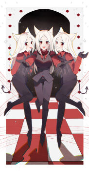 3girls absurdres boots cerberus_(helltaker) demon_girl formal_clothes helltaker highres knee_boots long_hair looking_at_viewer multiple_girls pants red_background suit tail triplets uruauro white_hair